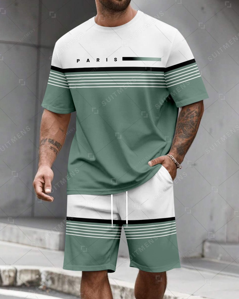 Men's Summer Colorblock Printed Round Neck Set 482