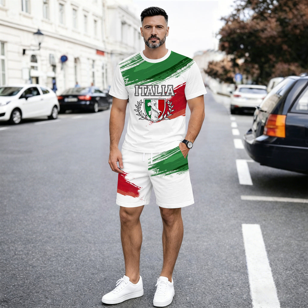 Men’s Italy Flag Graphic 2 Piece Shorts Set, Casual Short Sleeve T Shirt and Matching Drawstring Shorts Outfit, Lightweight Breathable Summer Tracksuit for Travel, Streetwear, Vacation, Daily Wear, Gym, and Outdoor Activities
