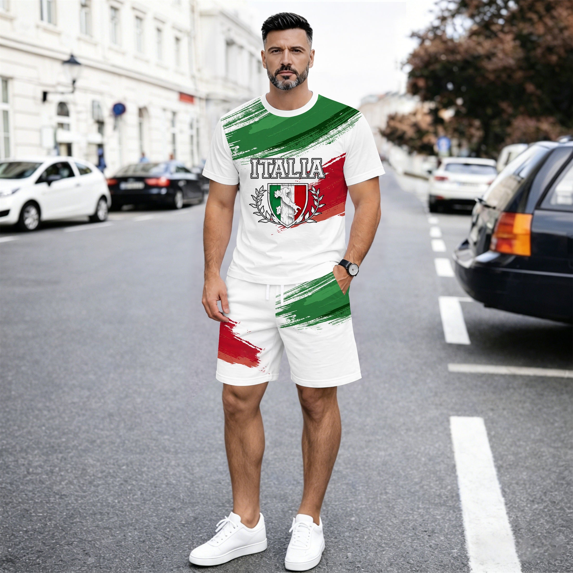 Men’s Italy Flag Graphic 2 Piece Shorts Set, Casual Short Sleeve T Shirt and Matching Drawstring Shorts Outfit, Lightweight Breathable Summer Tracksuit for Travel, Streetwear, Vacation, Daily Wear, Gym, and Outdoor Activities