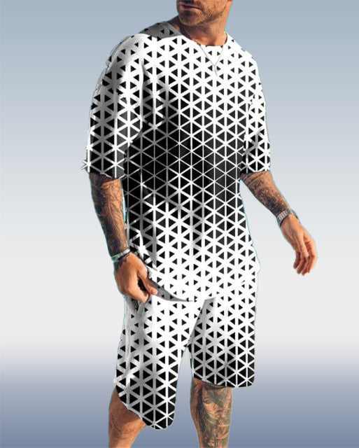 Suitmens Men's Black and White Geometric Print Shorts Set 369
