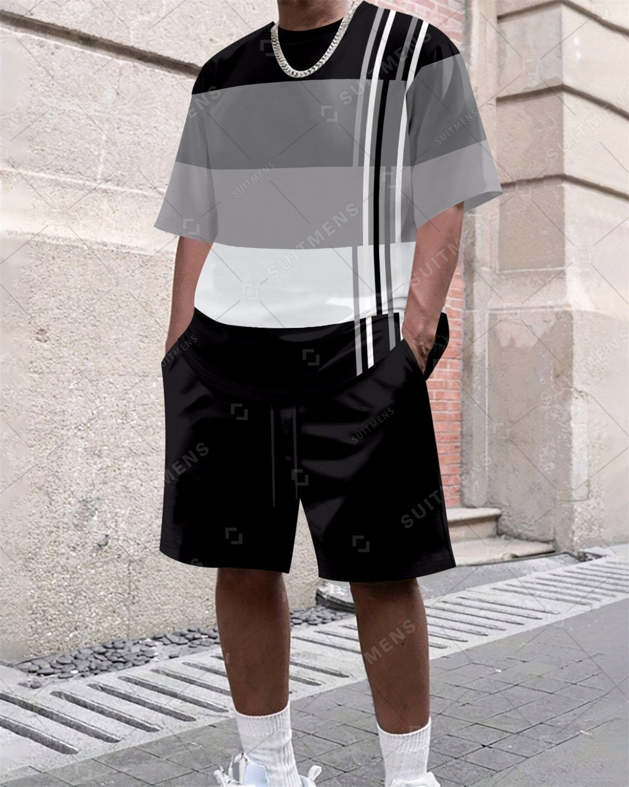 Men's Summer Colorblock Printed Round Neck Set 638