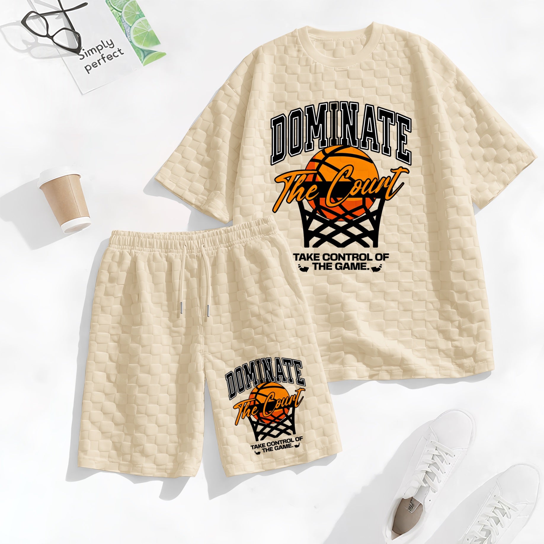 Men's Basketball Print Spring And Summer Drawstring Shorts Set, A Casual Summer Outfit, Including A Short-Sleeved Shirt And Shorts, Suitable For Everyday Wear And Sports Activities.