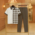 Men's Casual Brown & Beige Color Matching Checkered Printed Zipper Short Sleeved Polo Shirt & Trousers Two-Piece Set