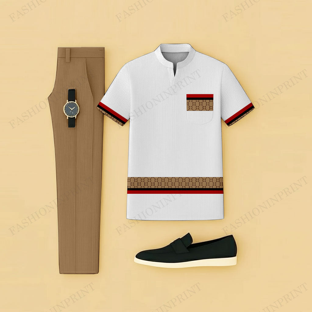 Men's Casual White Geometry Printed Short-Sleeve T-Shirt And Pants Two-Piece Set