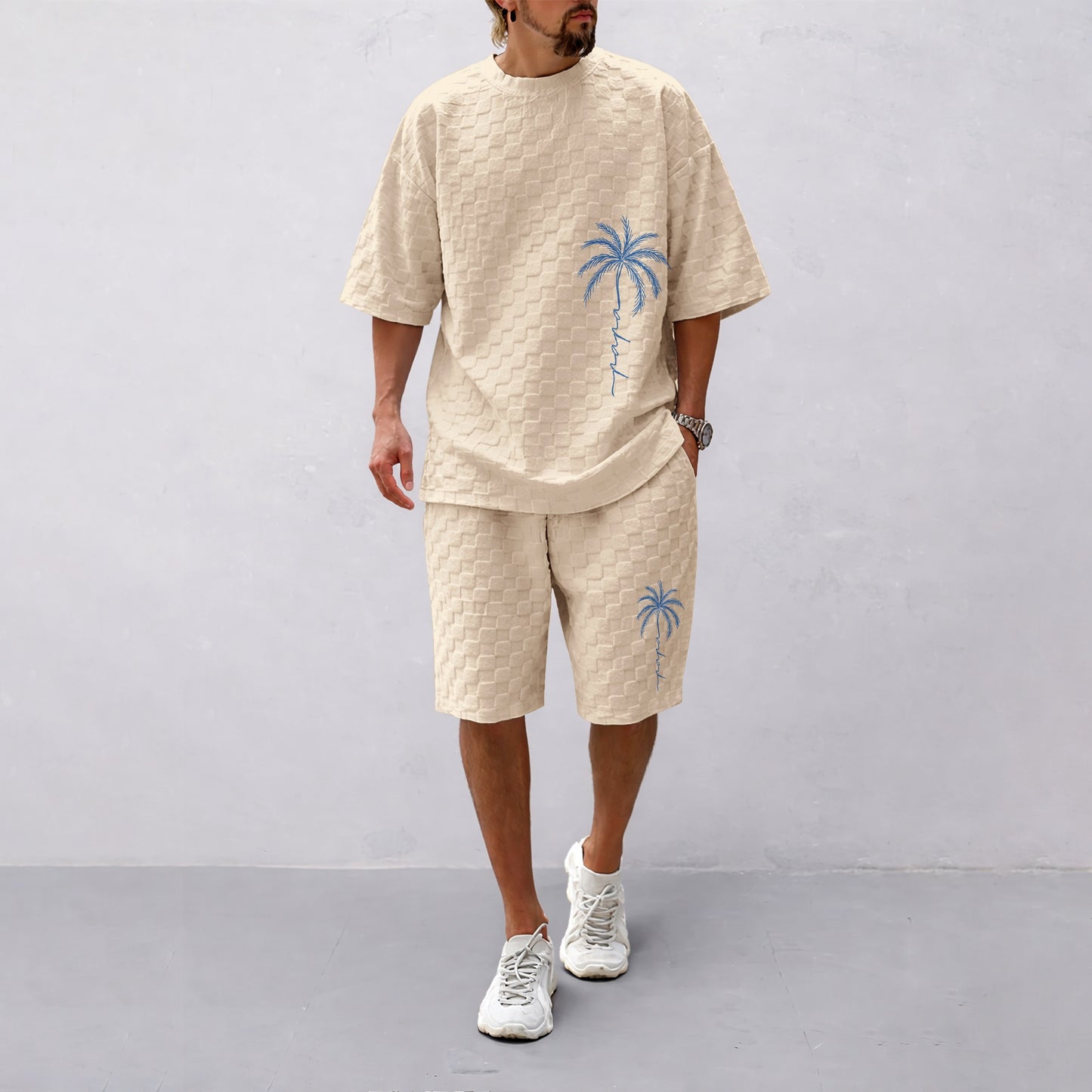 Men's Spring and Summer Palm Tree Print Checkered Fabric Drawstring Shorts Set, Casual Summer Outfit with Short-Sleeved Shirt and Shorts, Ideal for Everyday Wear and Sports Activities.