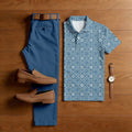Men's Casual Blue & White Color Matching Ethnic Style Printed Short Sleeved Polo Shirt & Trousers Two-Piece Set