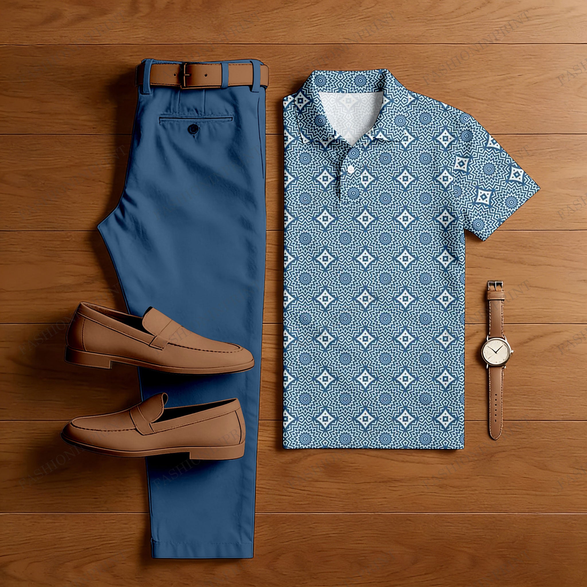 Men's Casual Blue & White Color Matching Ethnic Style Printed Short Sleeved Polo Shirt & Trousers Two-Piece Set