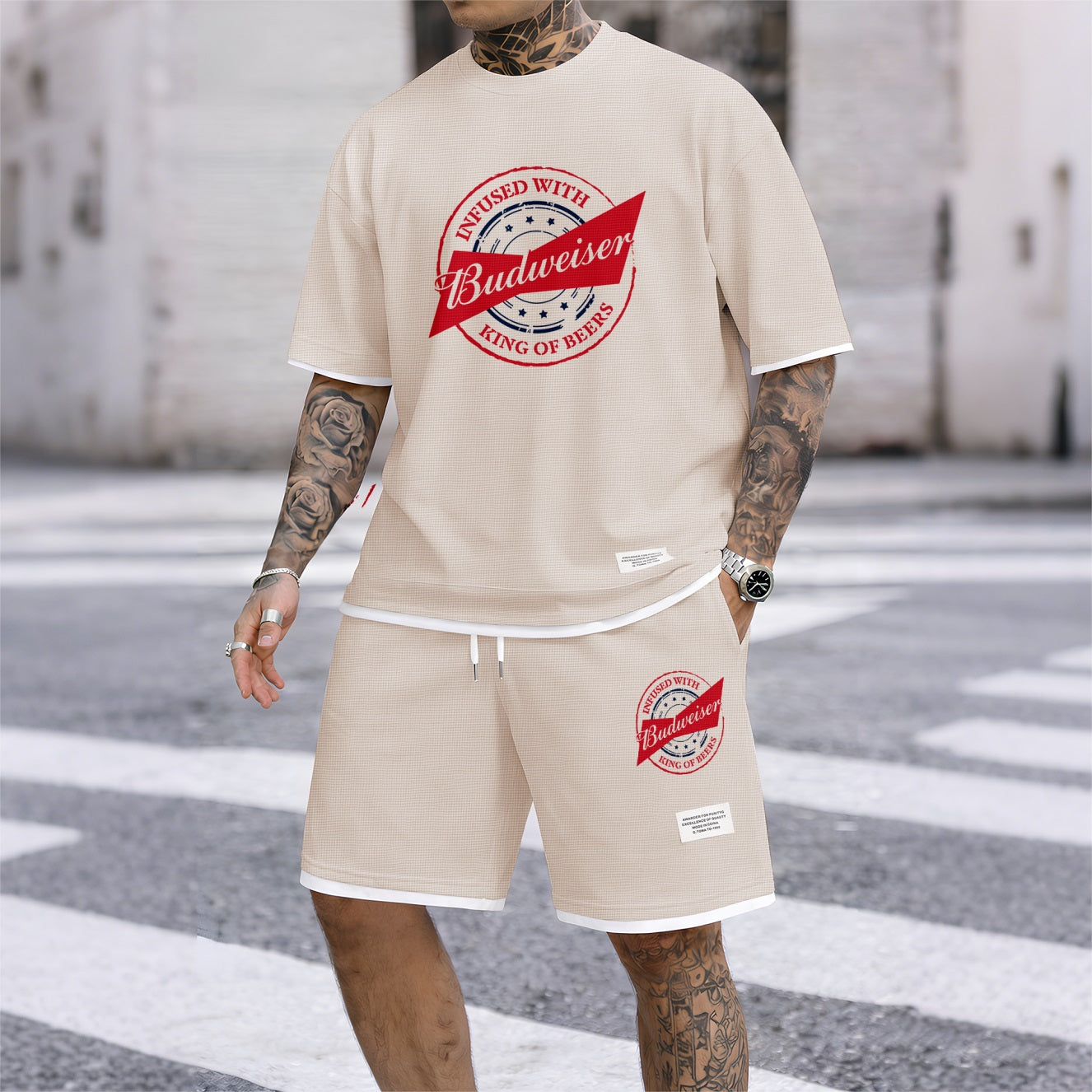 Men's BBQ Life Companion Print Waffle Fabric Short-Sleeved Shirt And Shorts Set