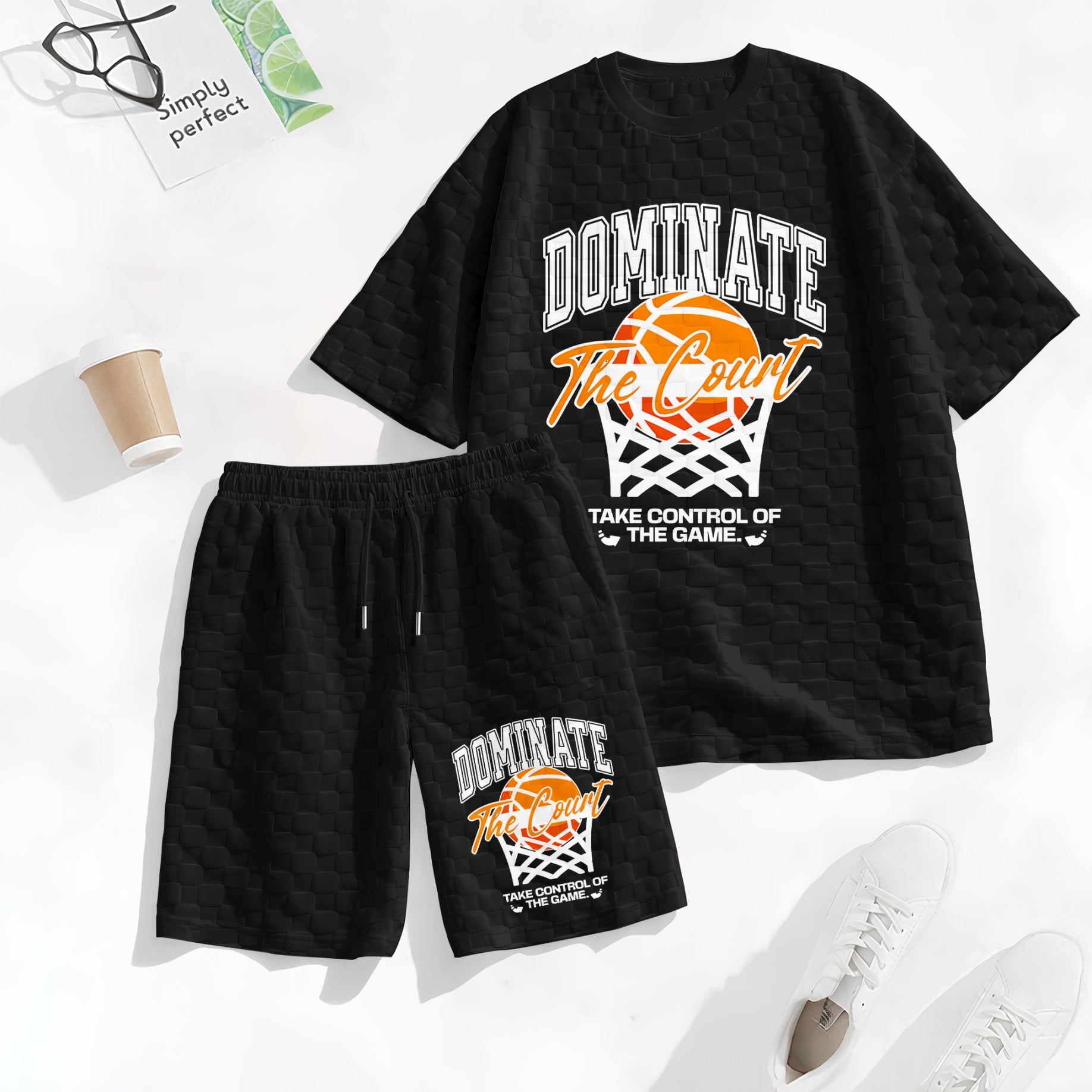 Men's Basketball Print Spring And Summer Drawstring Shorts Set, A Casual Summer Outfit, Including A Short-Sleeved Shirt And Shorts, Suitable For Everyday Wear And Sports Activities.