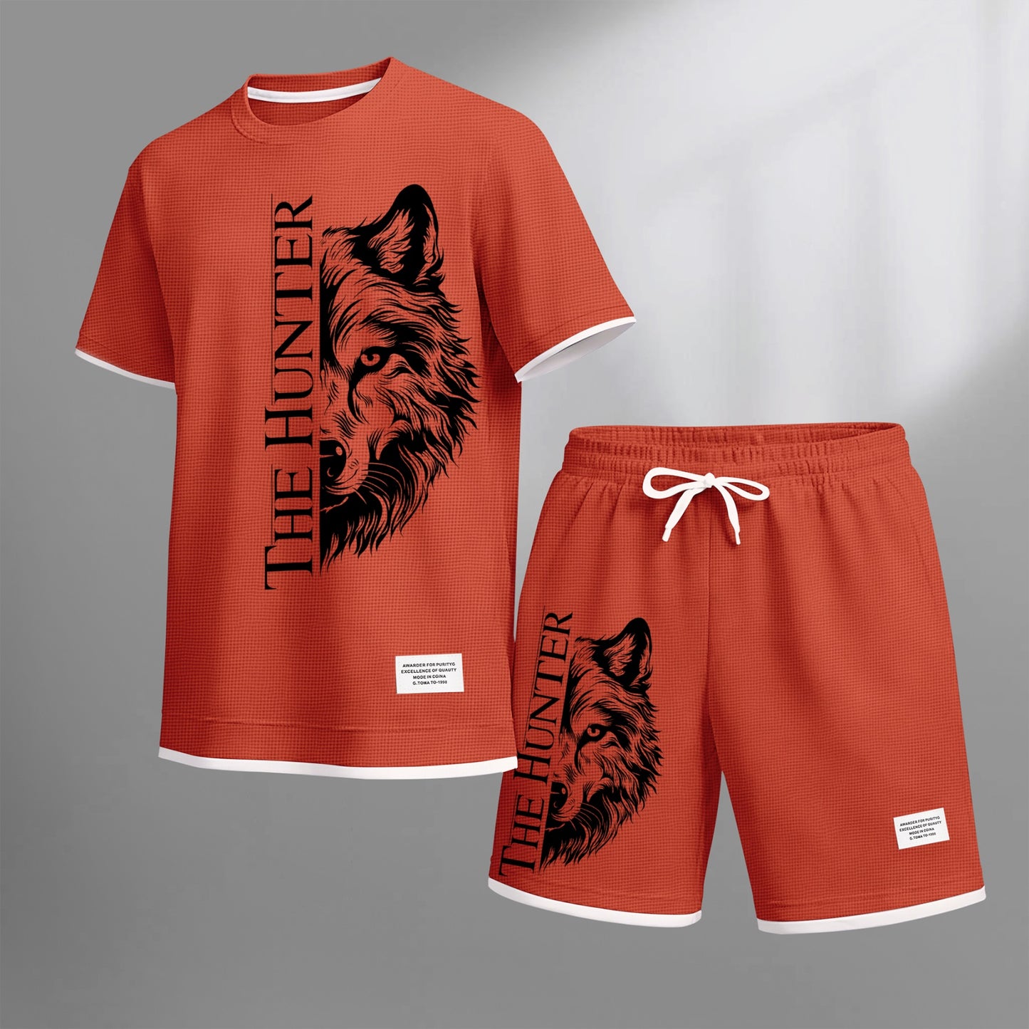 Men's "The Hunter" Wolf Head Graphic Print Waffle Short Sleeve T-Shirt & Shorts Set, Summer Lightweight Casual Sporty Two-Piece Outfit, Streetwear for Gym & Daily Wear