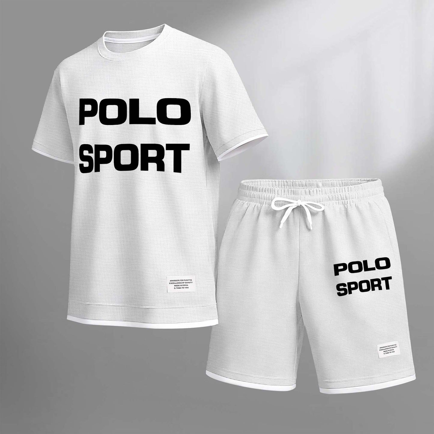 Men's Polo Sport Print Drawstring Shorts Set For Spring/Summer. A Casual Summer Outfit, Including A Short-Sleeved Shirt And Shorts, Suitable For Everyday Wear And Sports. A Two-Piece Set For A Relaxed And Energetic Lifestyle.