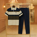 Men's Casual Black & Khaki Color Matching Striped Printed Zipper Short Sleeved Polo Shirt & Trousers Two-Piece Set