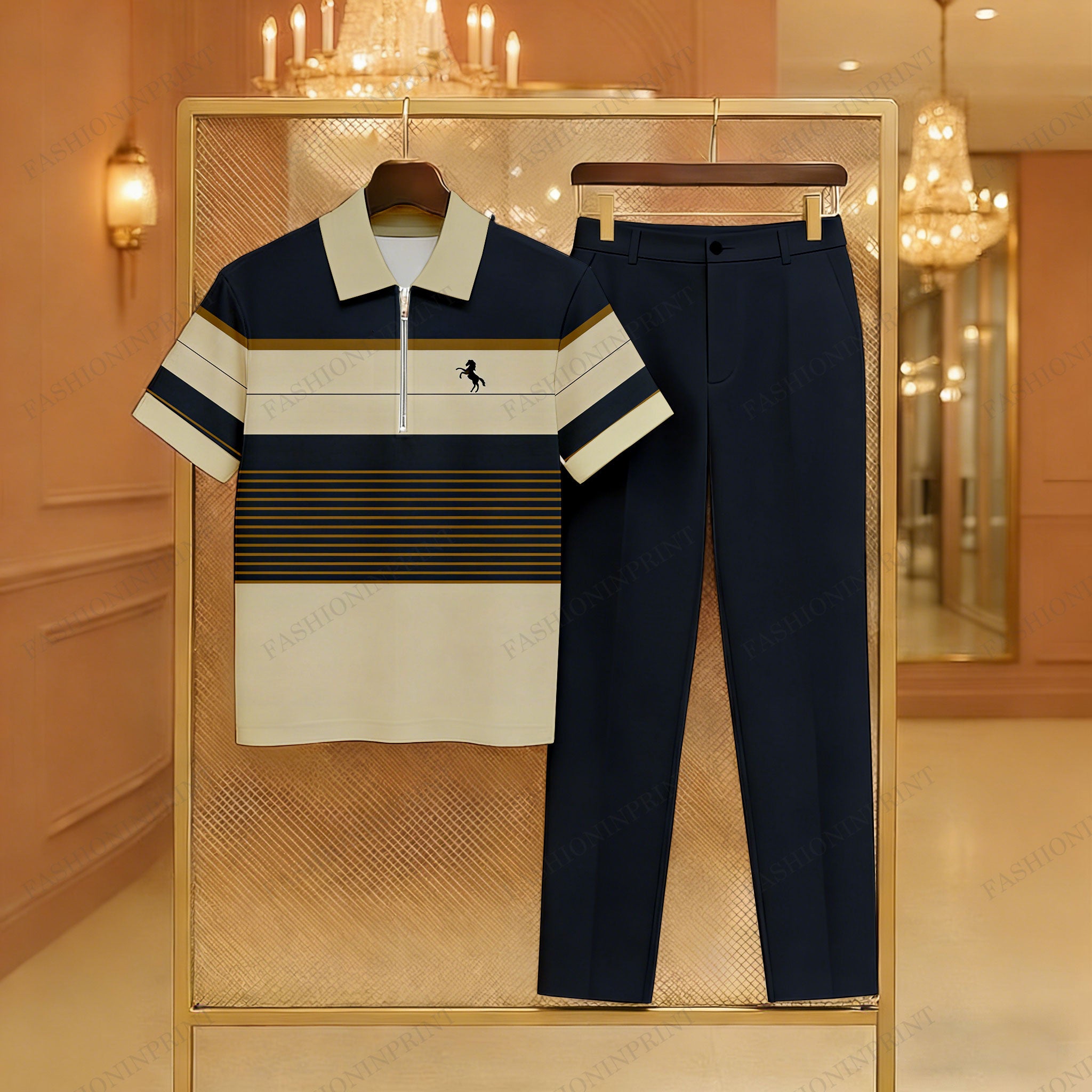 Men's Casual Black & Khaki Color Matching Striped Printed Zipper Short Sleeved Polo Shirt & Trousers Two-Piece Set