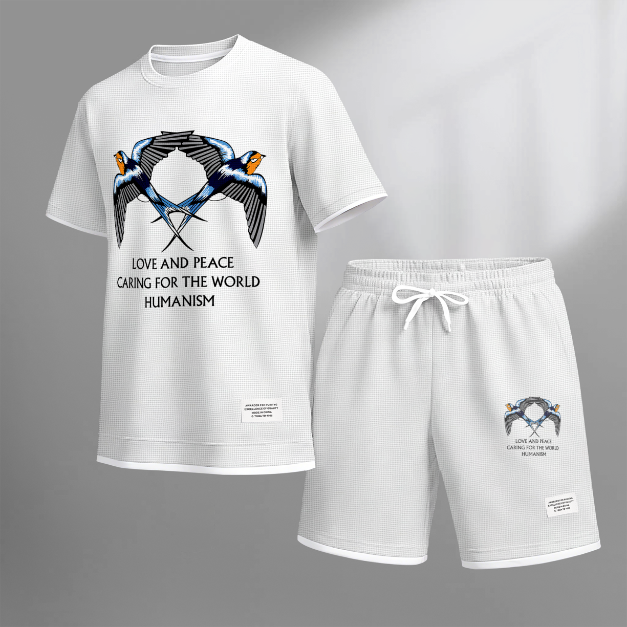 Men's Casual Style Peace Dove Print Waffle Fabric Short-Sleeved Shirt And Shorts Set
