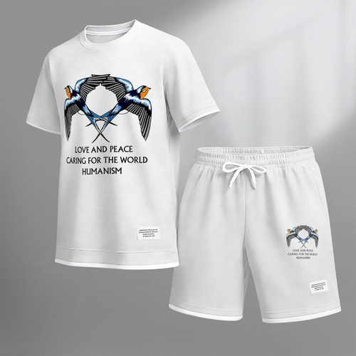 Men's Casual Style Peace Dove Print Waffle Fabric Short-Sleeved Shirt And Shorts Set