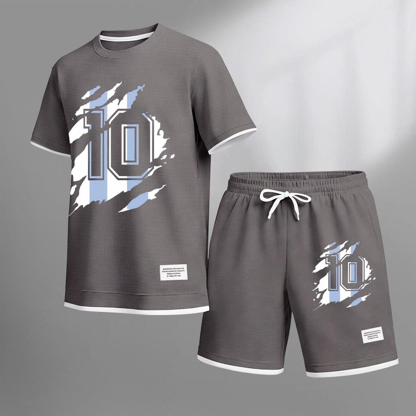 Men's classic number 10 printed drawstring shorts set, suitable for spring and summer wear. This casual summer set includes a short-sleeved shirt and shorts, perfect for everyday wear and sports.