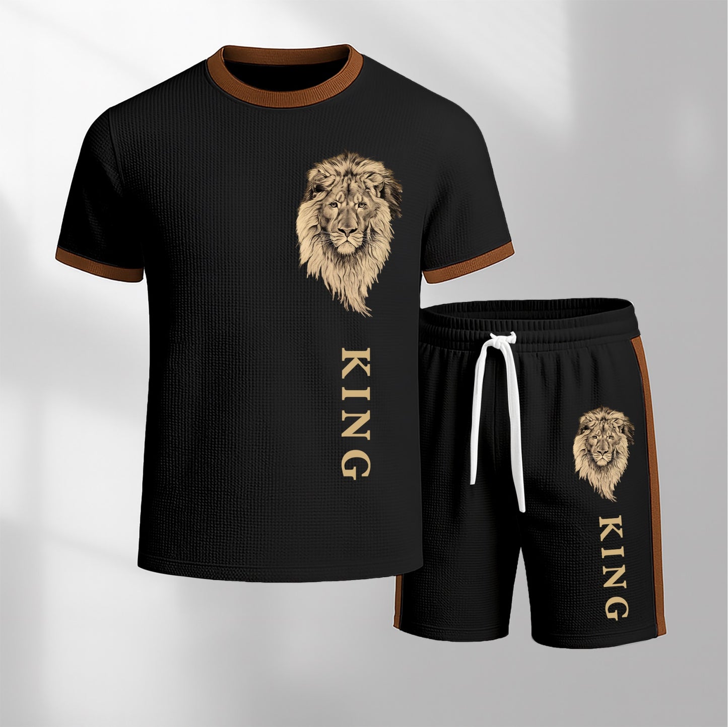 Men's King Pattern Short-Sleeved T-Shirt And Drawstring Shorts Set, Men's Casual Sportswear, Short-Sleeved Top And Shorts, Summer Men's Everyday Wear, Indoor And Outdoor Athletic Wear, Sports Set