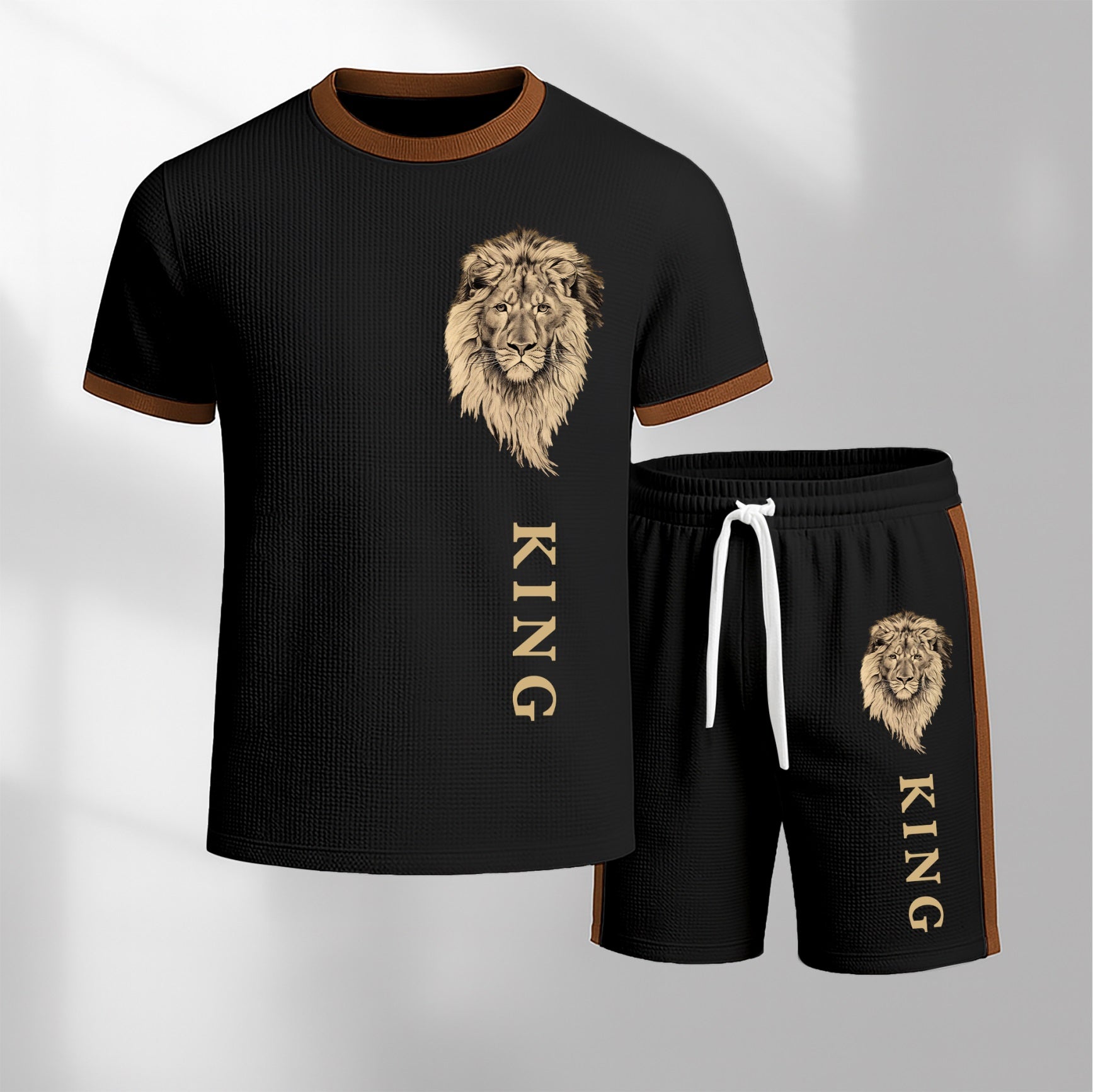 Men's King Pattern Short-Sleeved T-Shirt And Drawstring Shorts Set, Men's Casual Sportswear, Short-Sleeved Top And Shorts, Summer Men's Everyday Wear, Indoor And Outdoor Athletic Wear, Sports Set