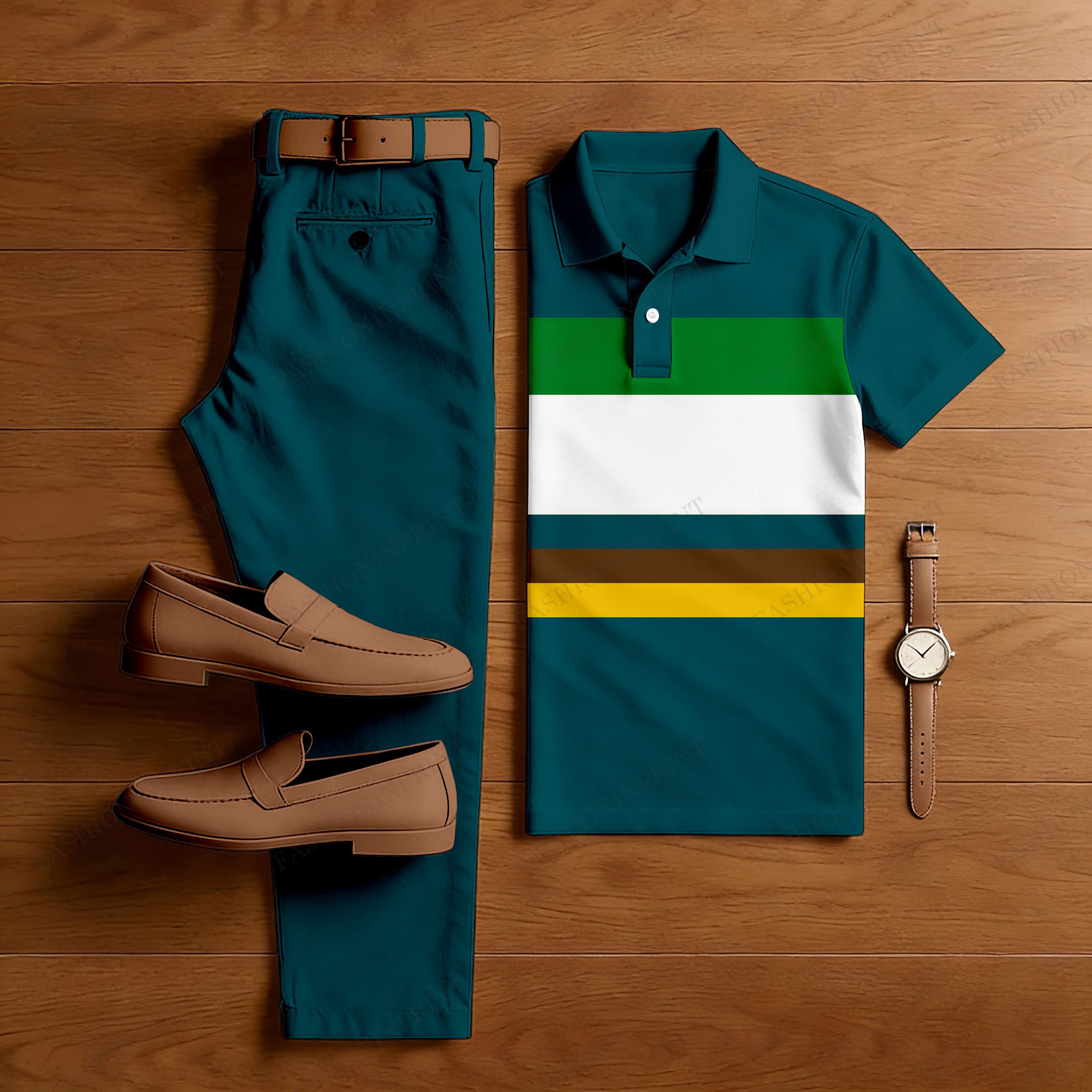 Men's Casual Peacock Green & Multi Color Matching Striped Printed Short Sleeved Polo Shirt & Trousers Two-Piece Set