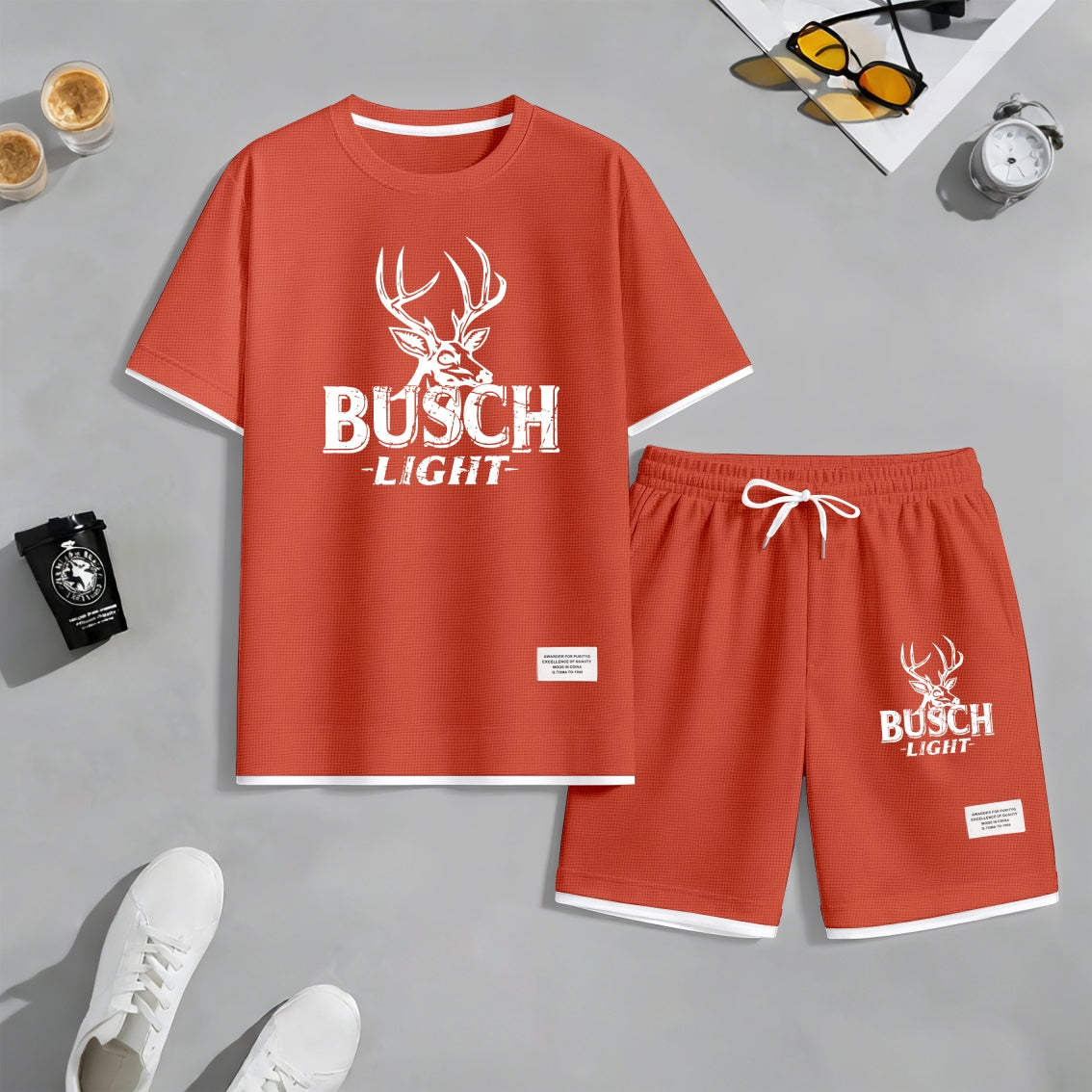 Men's Retro Outdoor Lifestyle Beer Print Waffle Fabric Short-Sleeved Shirt And Shorts Set
