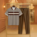 Men's Casual Coffee & Khaki Color Matching Vintage Checkered Printed Zipper Short Sleeved Polo Shirt & Trousers Two-Piece Set