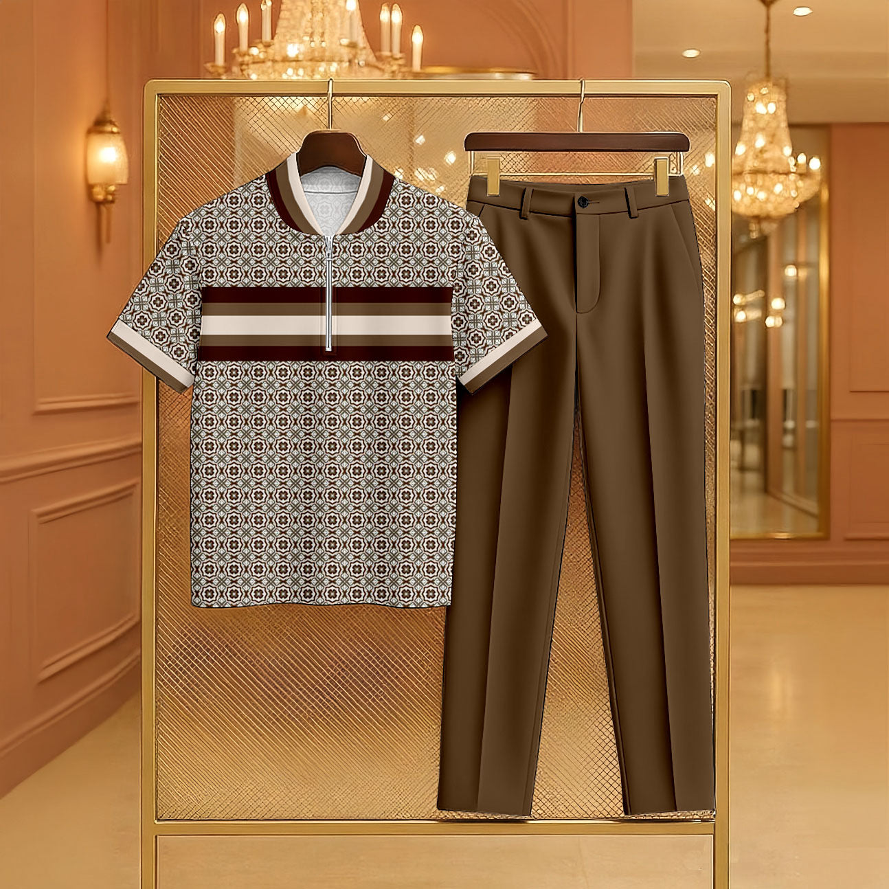 Men's Casual Coffee & Khaki Color Matching Vintage Checkered Printed Zipper Short Sleeved Polo Shirt & Trousers Two-Piece Set