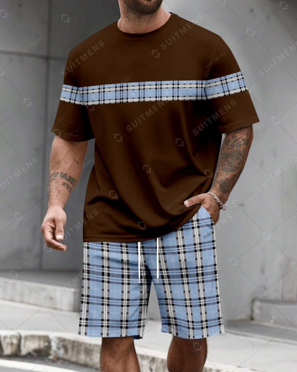 Men's Summer Colorblock Plaid Print Round Neck Set 479