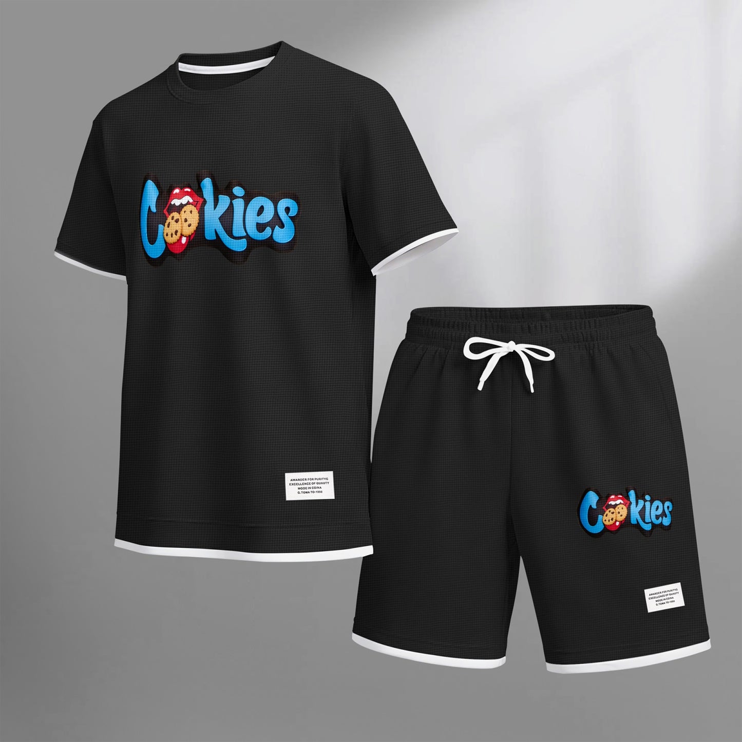 Men's cookie print drawstring shorts set is an ideal choice for spring and summer. This casual summer set includes a short-sleeved shirt and a pair of shorts, suitable for everyday wear and sports