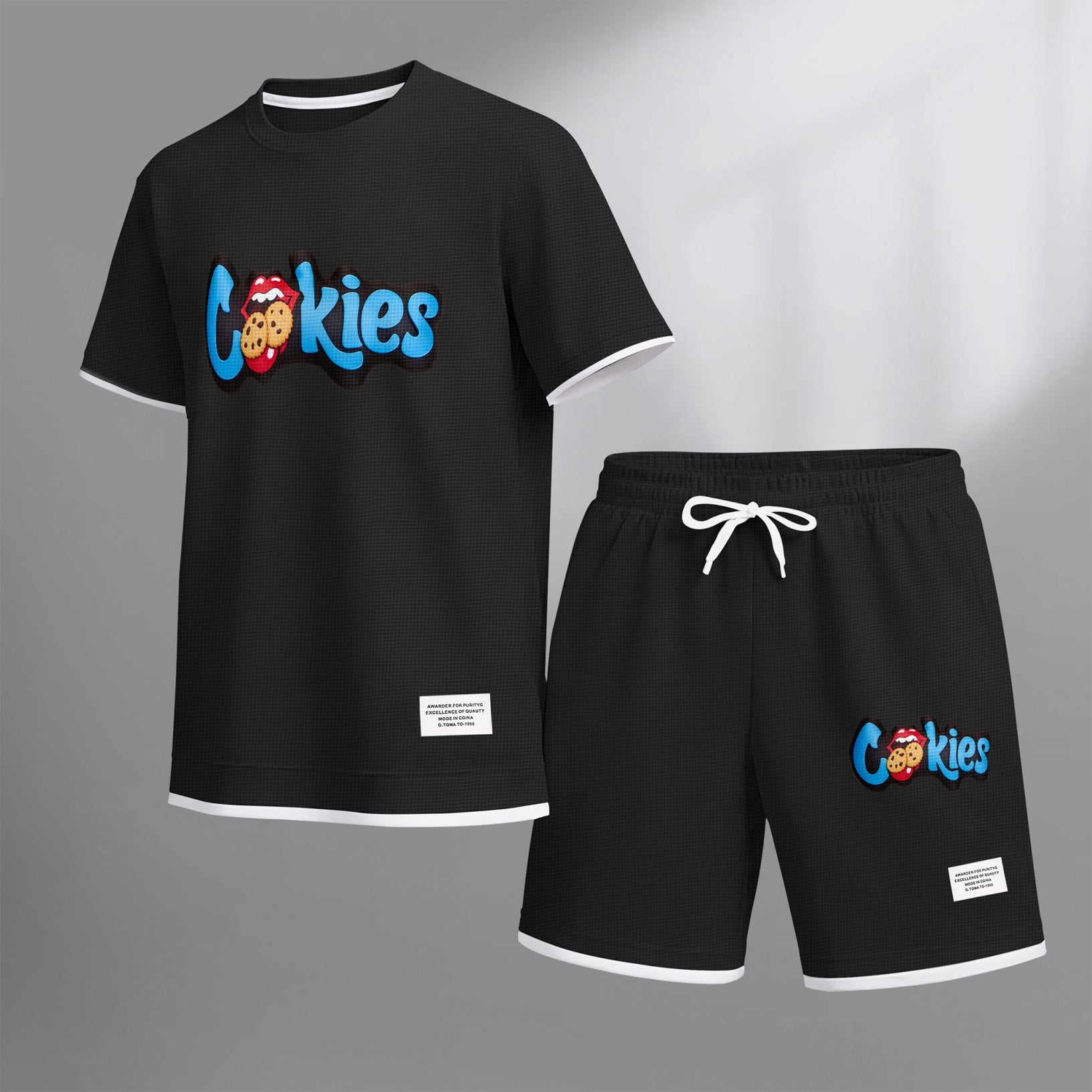 Men's cookie print drawstring shorts set is an ideal choice for spring and summer. This casual summer set includes a short-sleeved shirt and a pair of shorts, suitable for everyday wear and sports