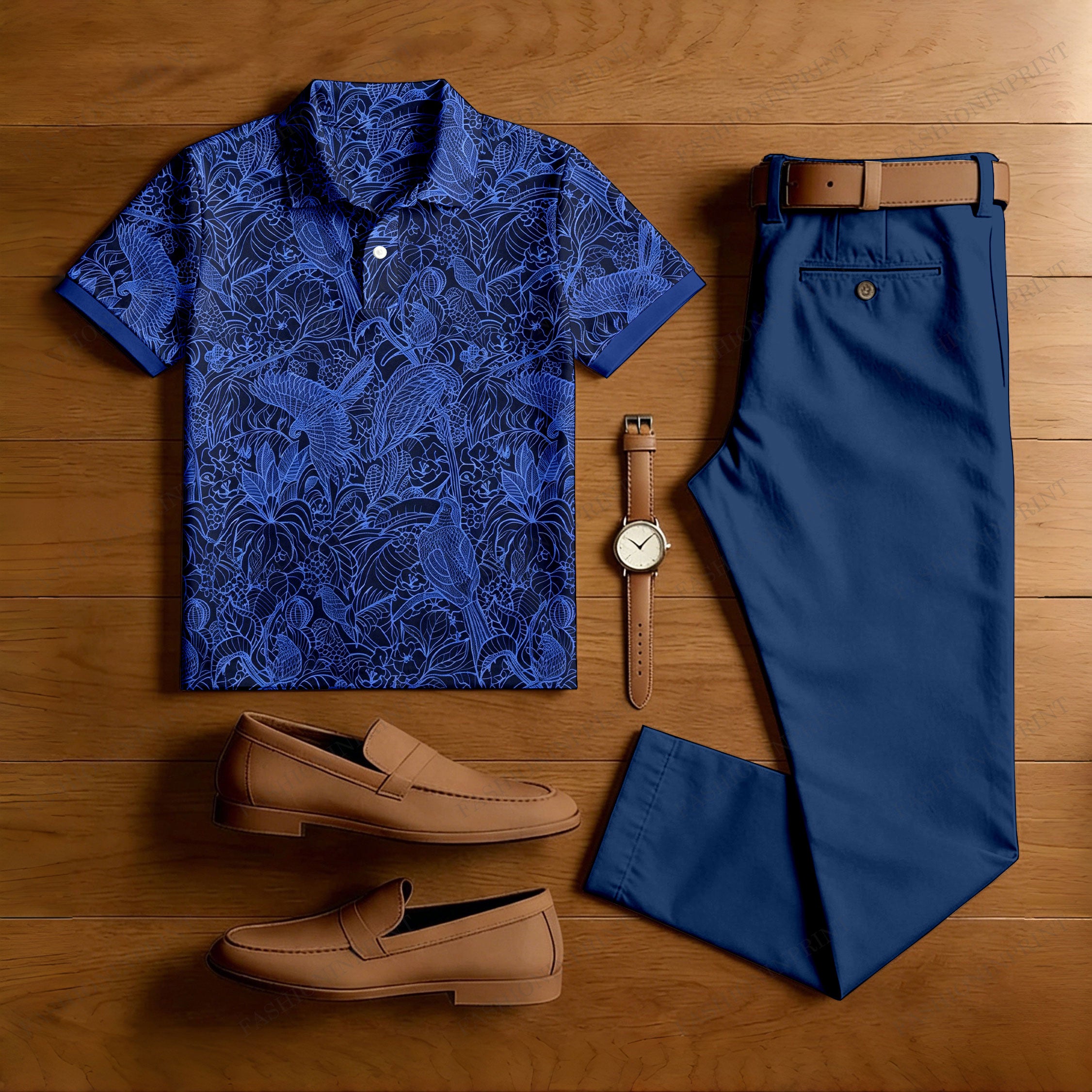 Men's Casual Dark Blue Pattern Printed Polo Shirt And Pants Two-Piece Set