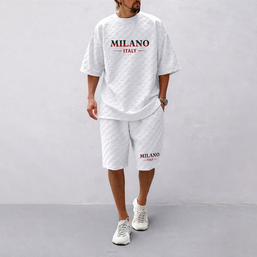 Men's Spring and Summer Milan Letter Print Checkered Fabric Drawstring Shorts Set, Casual Summer Outfit with Short-Sleeved Shirt and Shorts, Ideal for Everyday Wear and Sports Activities