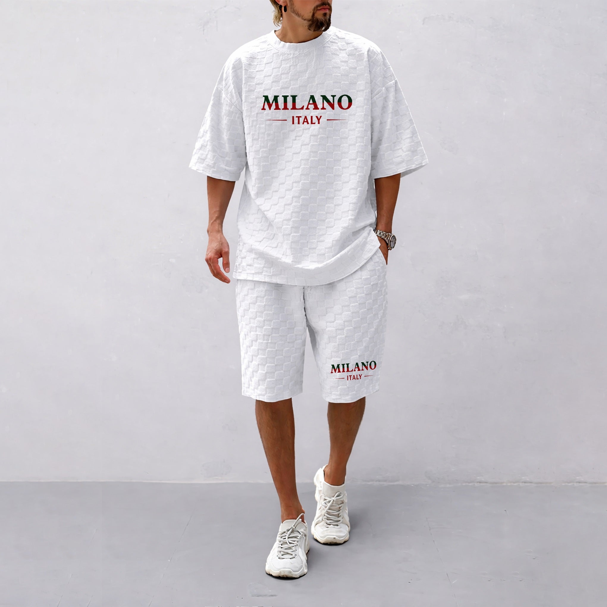 Men's Spring and Summer Milan Letter Print Checkered Fabric Drawstring Shorts Set, Casual Summer Outfit with Short-Sleeved Shirt and Shorts, Ideal for Everyday Wear and Sports Activities