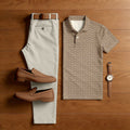 Men's Casual Coffee & Beige Color Matching Retro Printed Short Sleeved Polo Shirt & Trousers Two-Piece Set