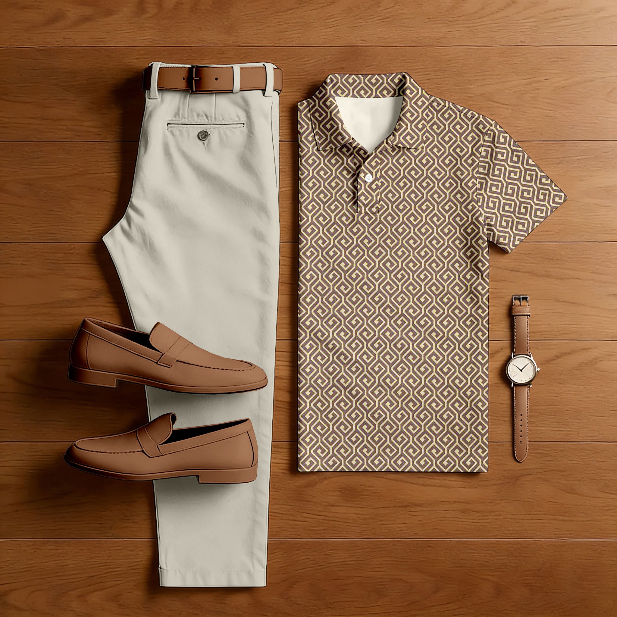 Men's Casual Coffee & Beige Color Matching Retro Printed Short Sleeved Polo Shirt & Trousers Two-Piece Set