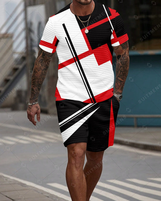 Men's Casual Waffle Textured Summer Round Neck Short Sleeve Shorts Set 0022