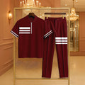 Men's Casual Maroon Color Matching Striped Printed Zipper Short Sleeved Polo Shirt & Trousers Two-Piece Set