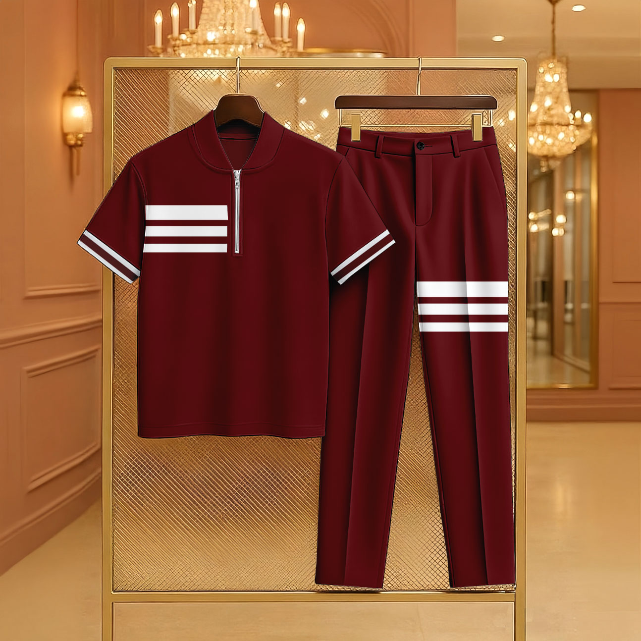 Men's Casual Maroon Color Matching Striped Printed Zipper Short Sleeved Polo Shirt & Trousers Two-Piece Set
