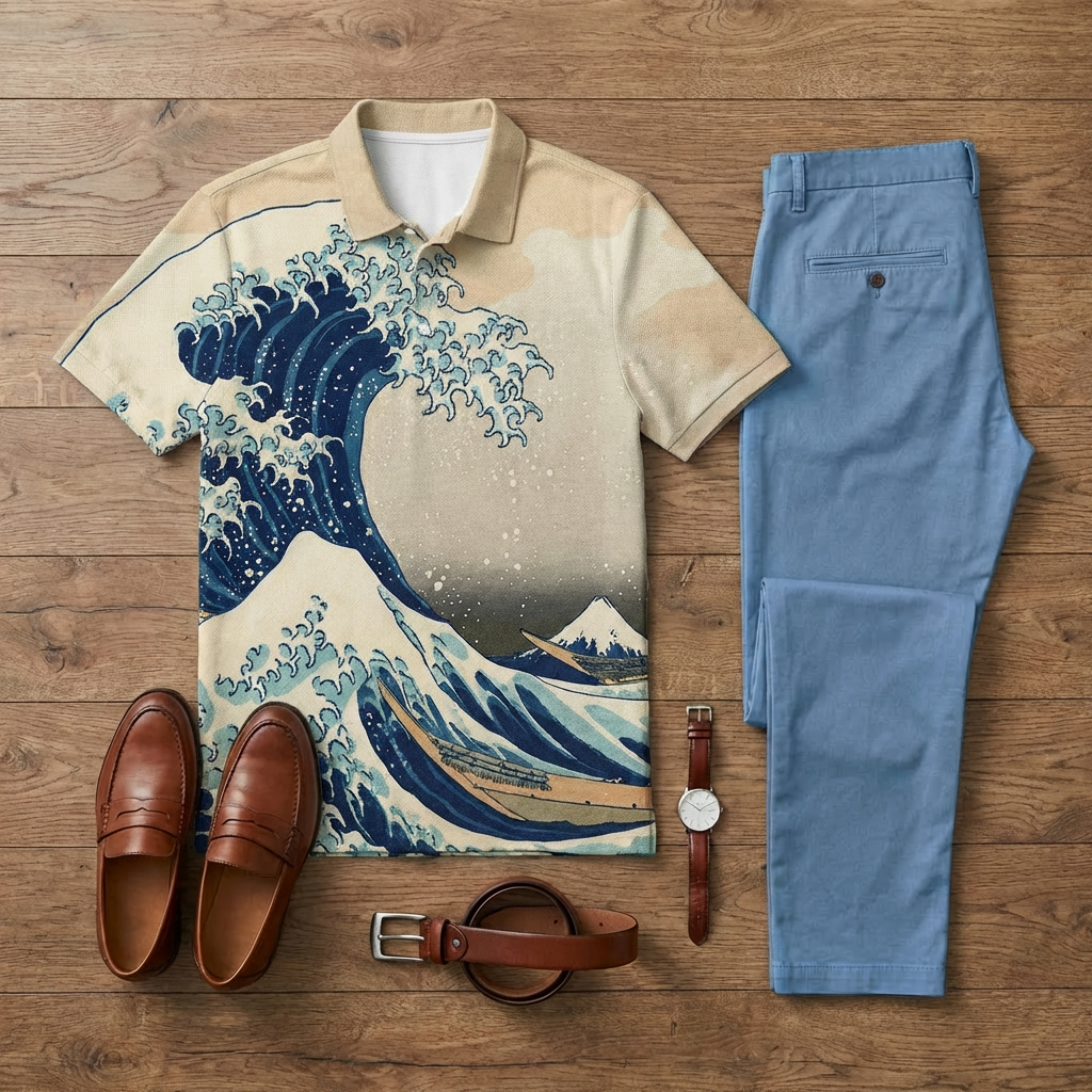 Men's Casual Apricot Waves Printed Short-Sleeve Polo Shirt And Trousers Two-Piece Set