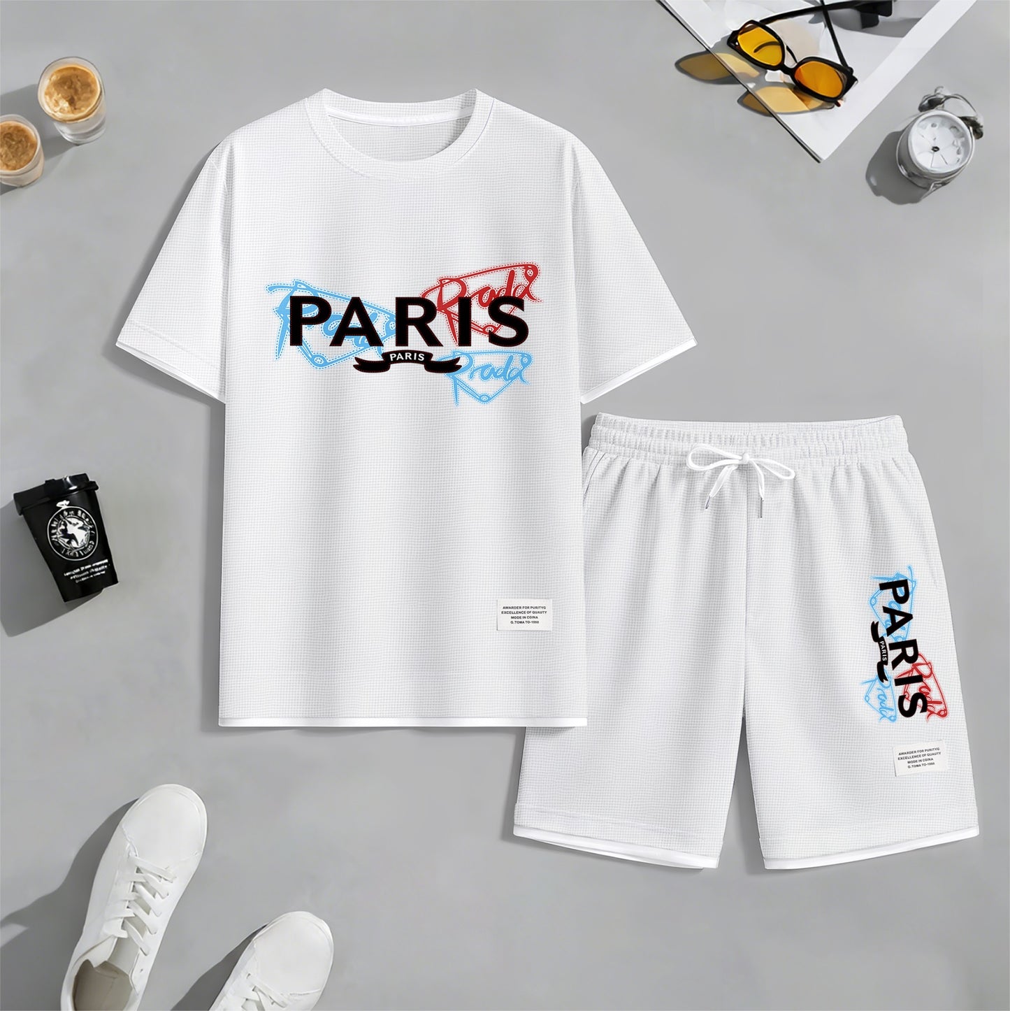 Men's PARIS Red & Blue Graffiti Letter Print Short Sleeve T-Shirt & Shorts Set, Summer Lightweight Waffle Sporty Casual Two-Piece Outfit, Streetwear for Gym & Daily Wear