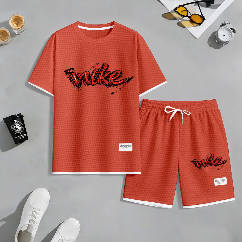 Men's Red Graffiti-Style Art Letter Print Fake Two-Piece Short Sleeve T-Shirt & Shorts Set, Summer Waffle Breathable Sporty Casual Two-Piece Outfit, Streetwear Gym Training Activewear