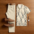 Men's Casual Apricot Color Matching Geometric Printed Short Sleeved Polo Shirt & Trousers Two-Piece Set