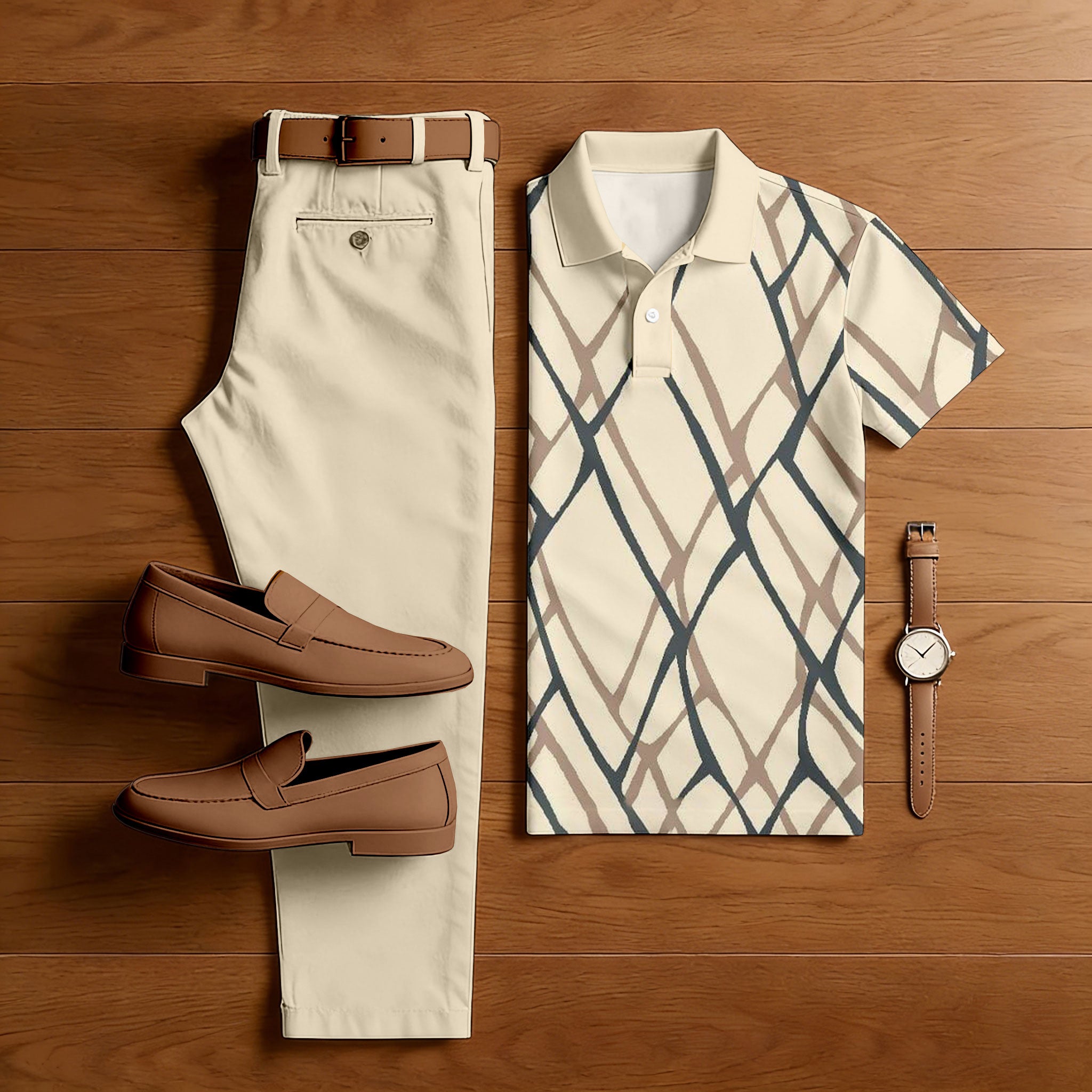 Men's Casual Apricot Color Matching Geometric Printed Short Sleeved Polo Shirt & Trousers Two-Piece Set