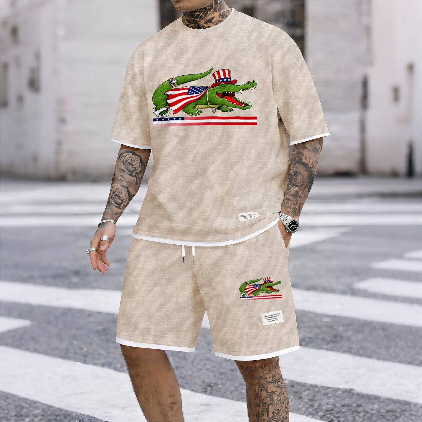 Men's Funny Animal Graphic Print Short Sleeve Shirt and Drawstring Shorts Set, Casual Summer Two-Piece Outfit, Lightweight Breathable Relaxed Fit Sportswear, Stylish Comfortable Daily Wear Beach Vacation Travel Loungewear