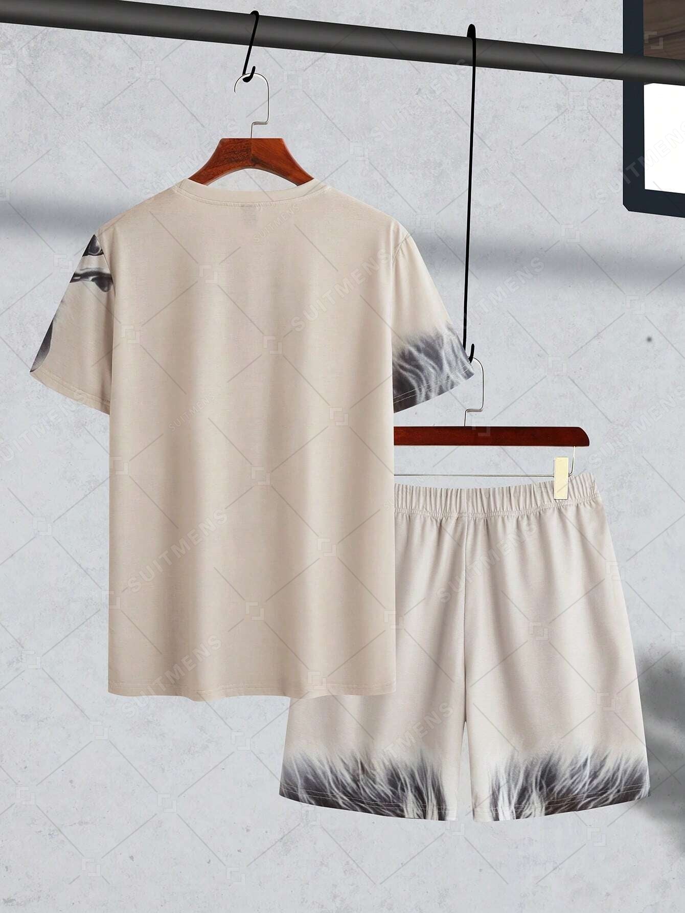 Men's Summer Gradient Lion Print Round Neck Set 224