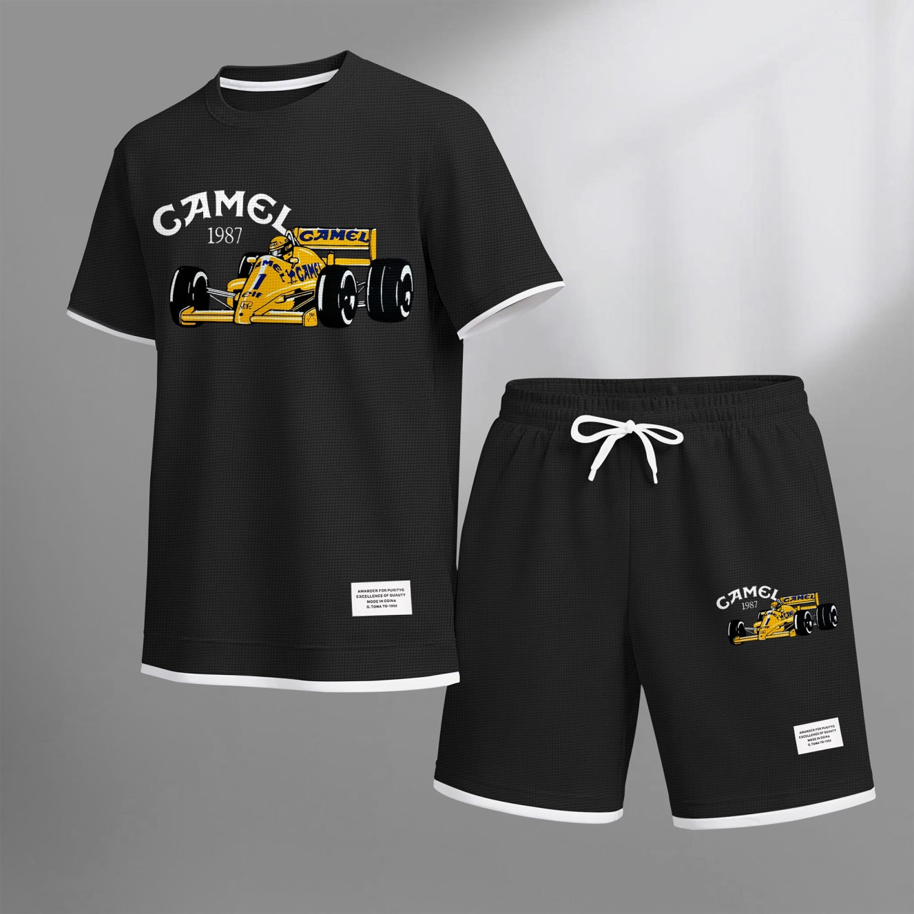 Men's Classic Racing Print Waffle Fabric Short-Sleeved Shirt And Shorts Set 02