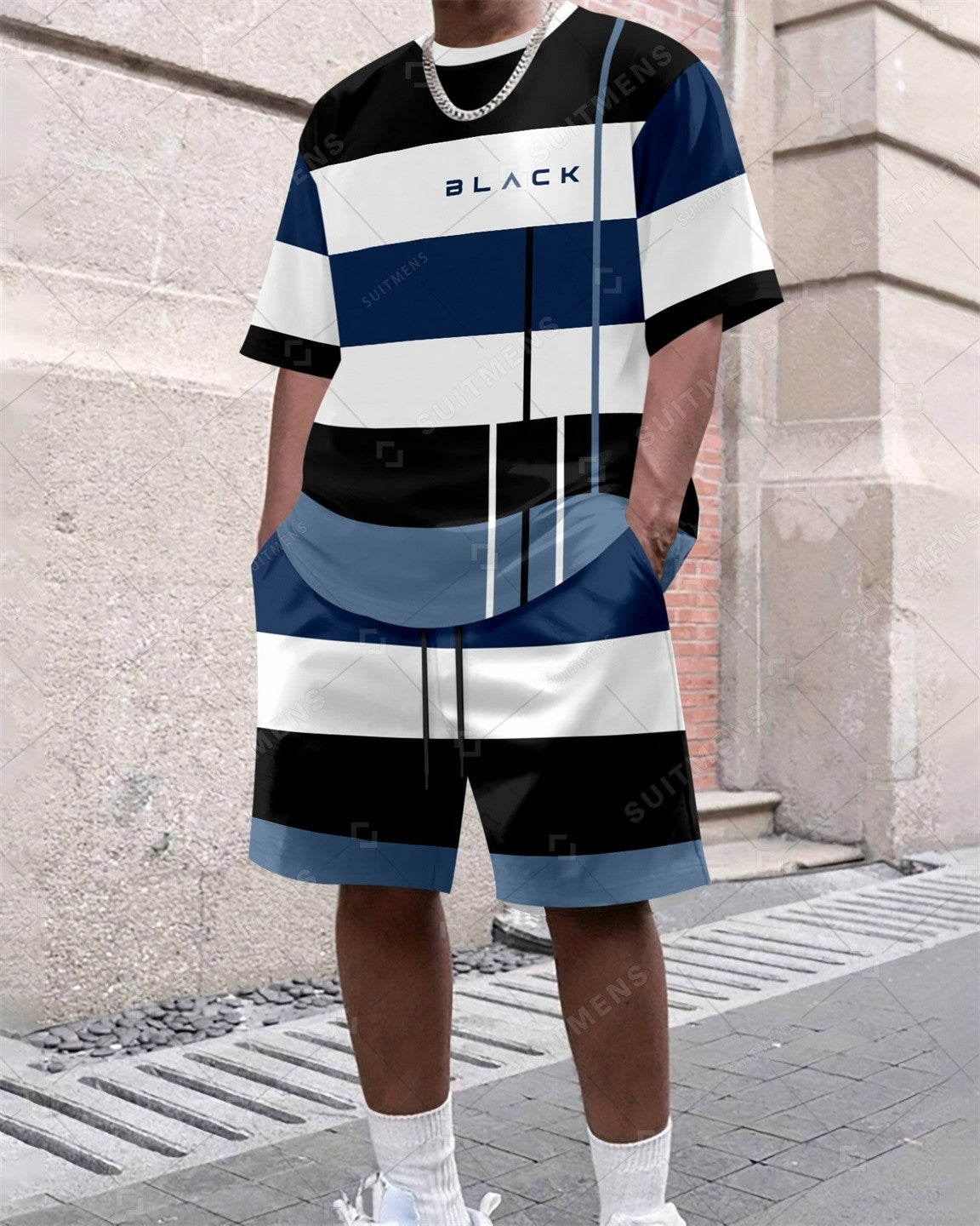 Men's Summer Colorblock Printed Round Neck Set 383