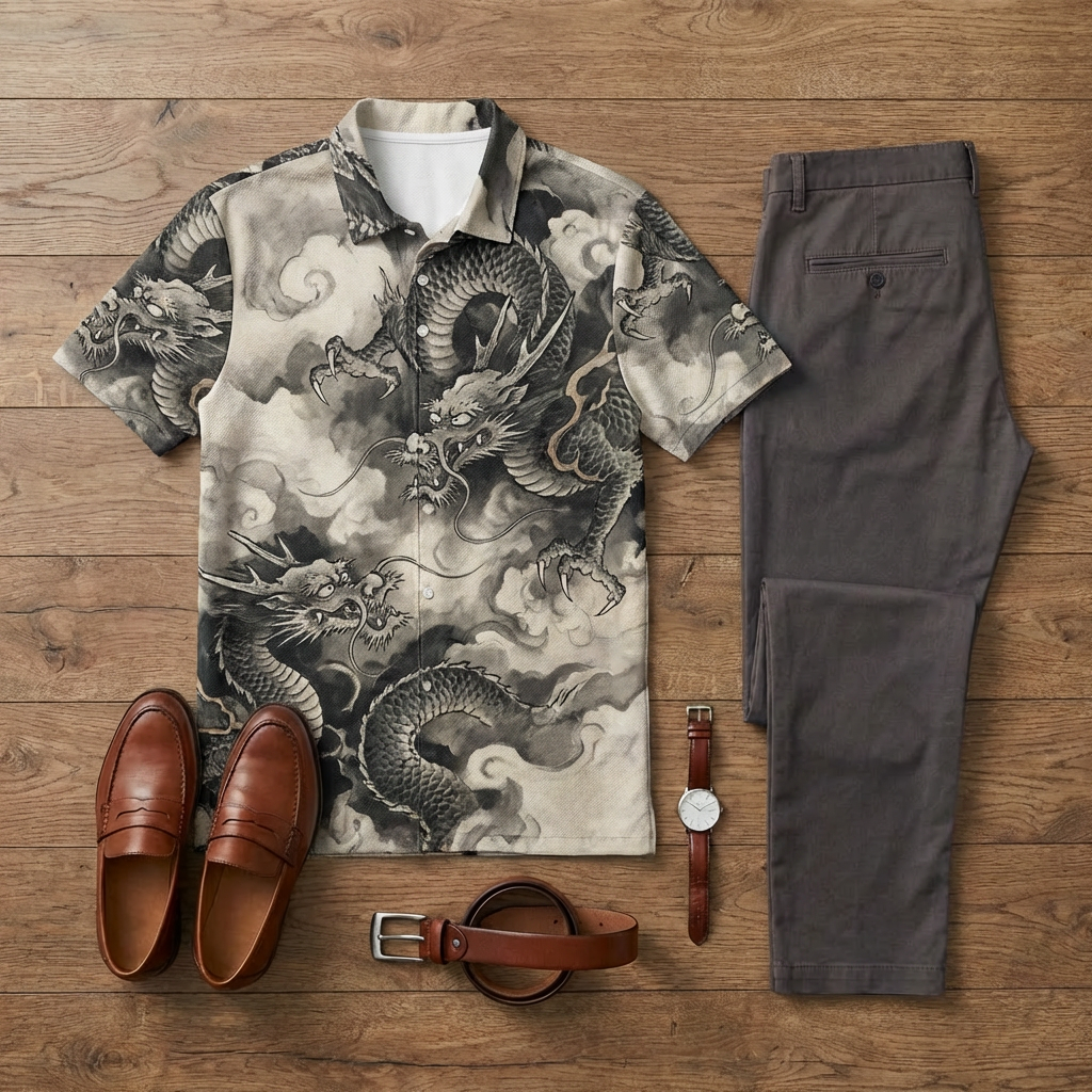 Men's Casual Black Dragon Printed Short-Sleeve Polo Shirt And Trousers Two-Piece Set