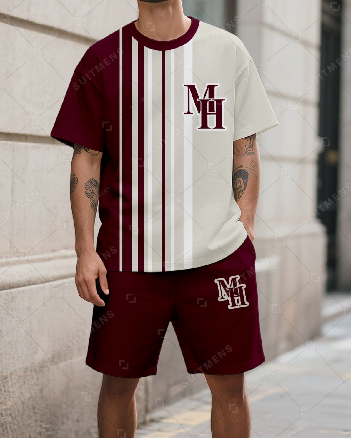 Men's Summer Colorblock Printed Round Neck Suit 051