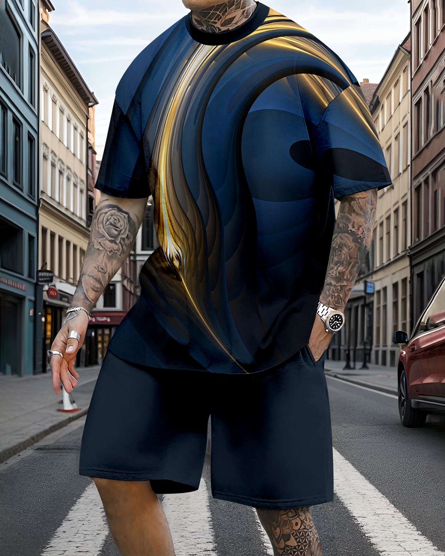 Men's casual colorblock print shorts set 601