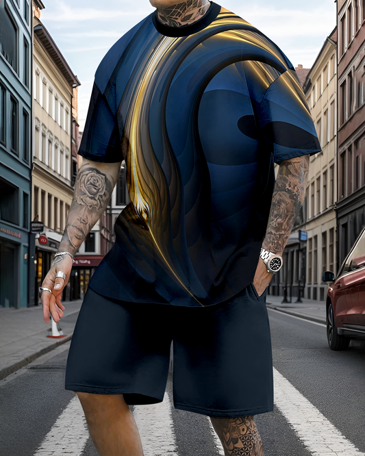 Men's casual colorblock print shorts set 601